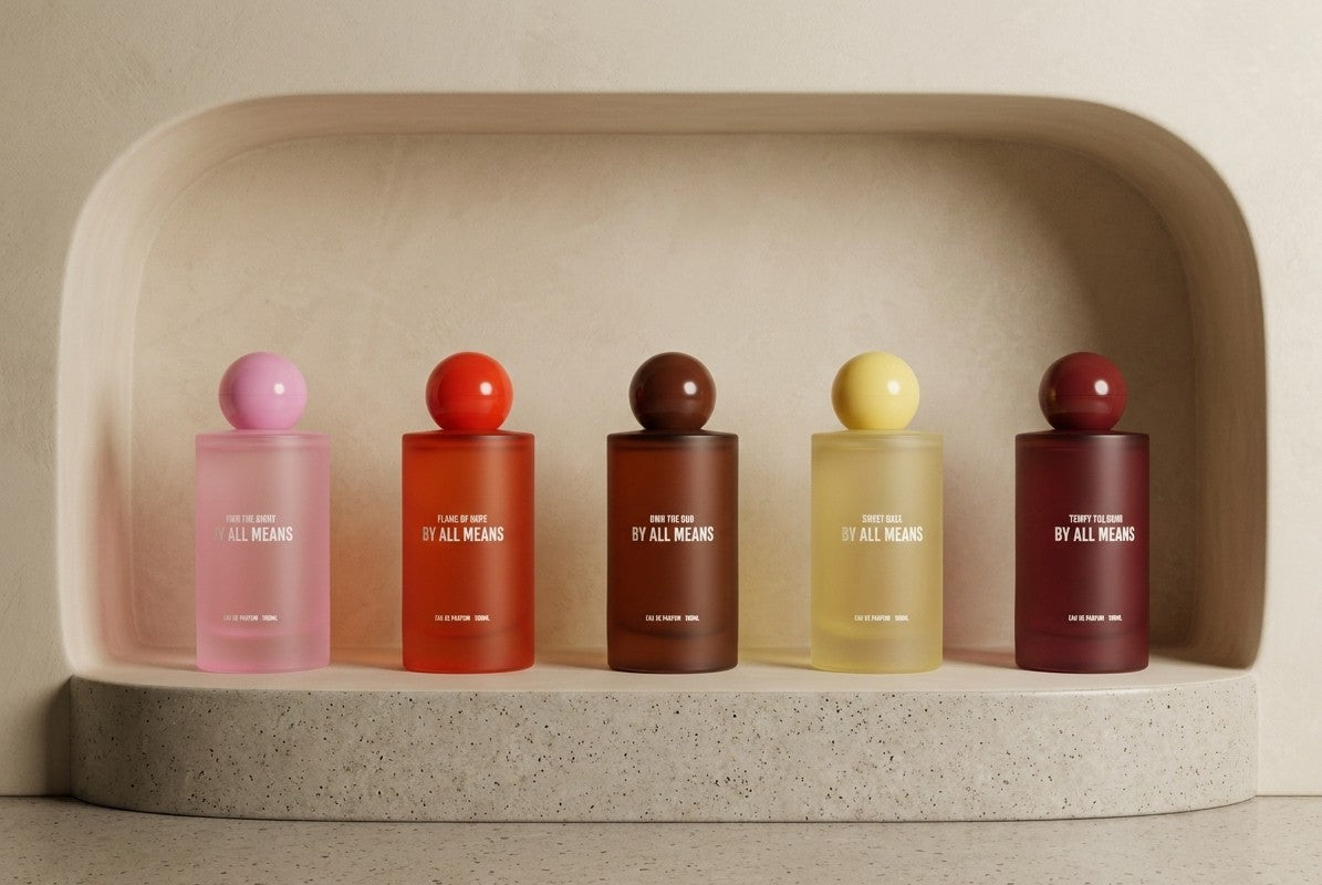 By All Means luxury perfume bottles sourced from France and Spain